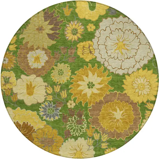 8' Fern Green Gold And Beige Round Floral Washable Indoor Outdoor Area Rug Photo 2