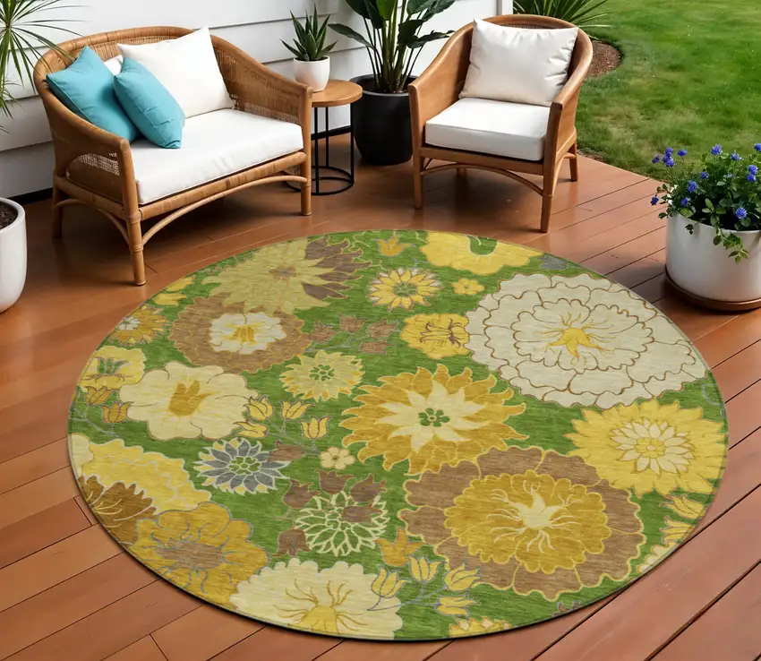 8' Fern Green Gold And Beige Round Floral Washable Indoor Outdoor Area Rug Photo 1