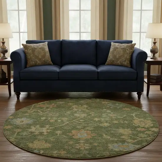 8' Fern Green Gold And Blue Floral Washable Round Rug With UV Protection Photo 2