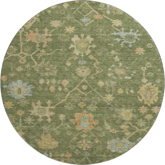 8' Fern Green Gold And Blue Floral Washable Round Rug With UV Protection Photo 1