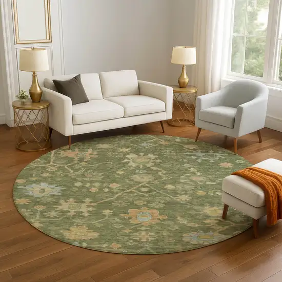 8' Fern Green Gold And Blue Floral Washable Round Rug With UV Protection Photo 4