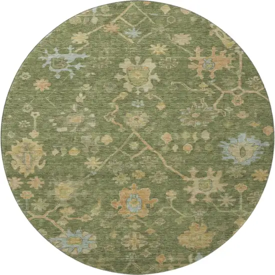 8' Fern Green Gold And Blue Floral Washable Round Rug With UV Protection Photo 3
