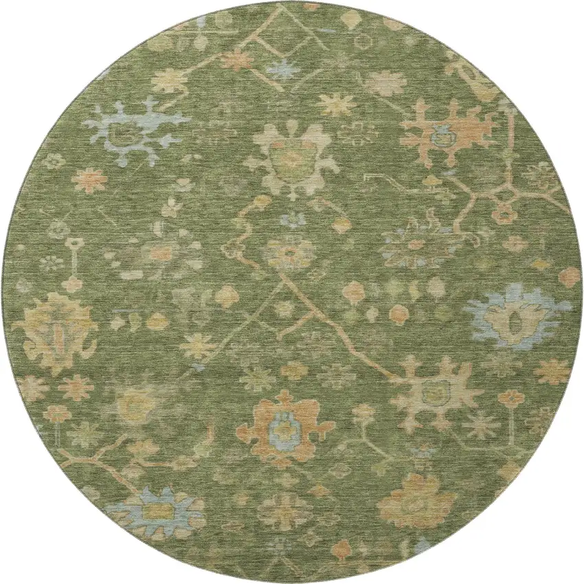 8' Fern Green Gold And Blue Floral Washable Round Rug With UV Protection Photo 3