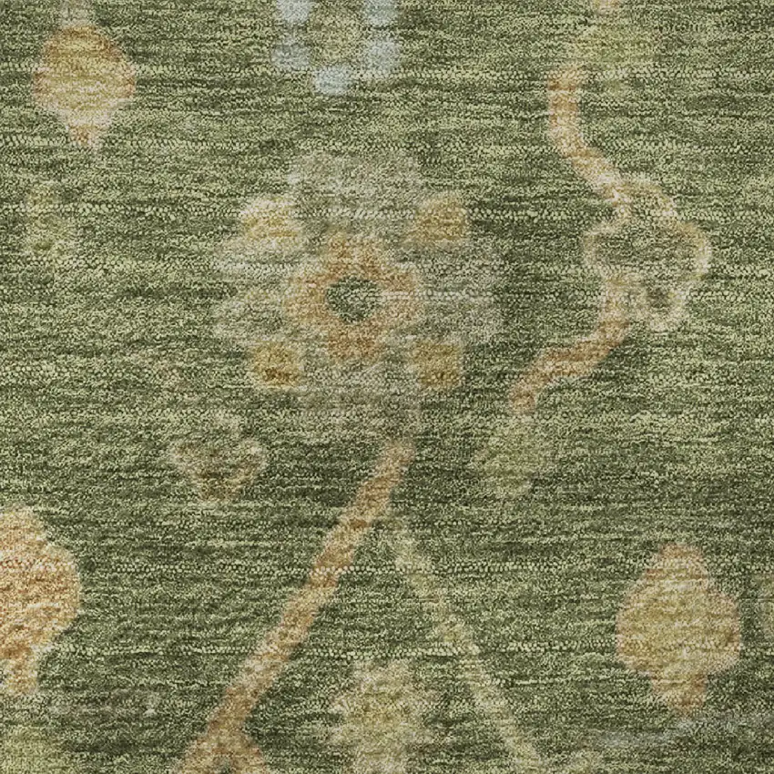 8' Fern Green Gold And Blue Floral Washable Round Rug With UV Protection Photo 8