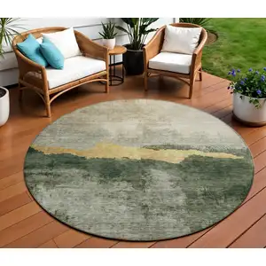 Photo of 8' Fern Green Gold And Gray Round Abstract Washable Indoor Outdoor Area Rug