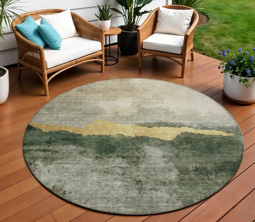 8' Fern Green Gold And Gray Round Abstract Washable Indoor Outdoor Area Rug Photo 1