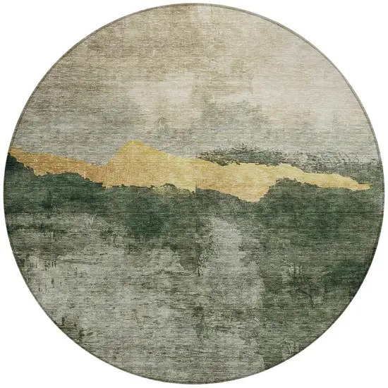 8' Fern Green Gold And Gray Round Abstract Washable Indoor Outdoor Area Rug Photo 6