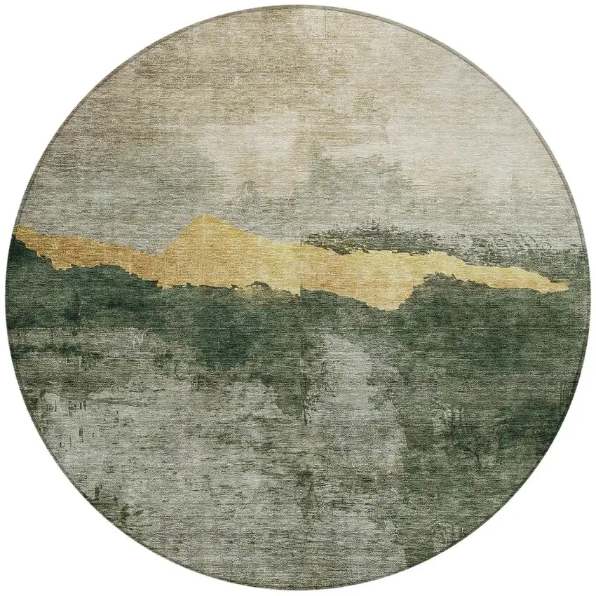 8' Fern Green Gold And Gray Round Abstract Washable Indoor Outdoor Area Rug Photo 6