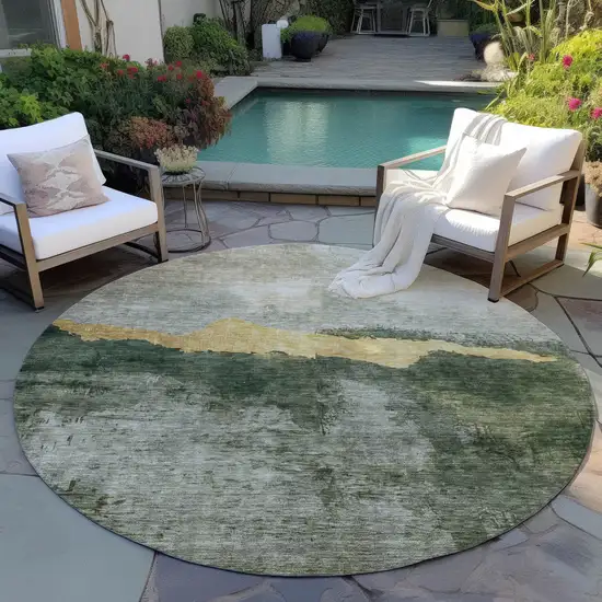 8' Fern Green Gold And Gray Round Abstract Washable Indoor Outdoor Area Rug Photo 7