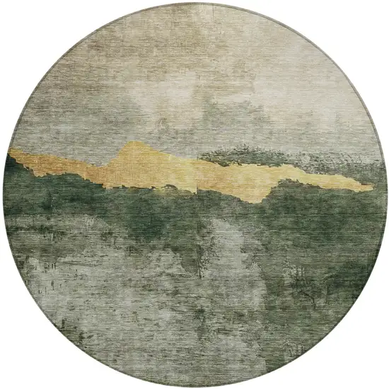 8' Fern Green Gold And Gray Round Abstract Washable Indoor Outdoor Area Rug Photo 2