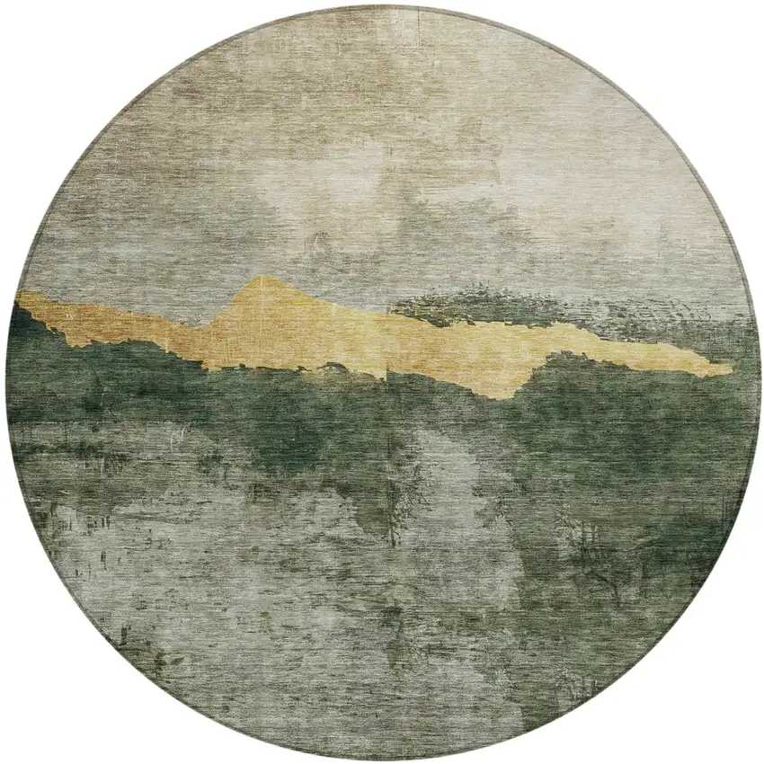 8' Fern Green Gold And Gray Round Abstract Washable Indoor Outdoor Area Rug Photo 2