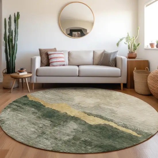 8' Fern Green Gold And Gray Round Abstract Washable Indoor Outdoor Area Rug Photo 8