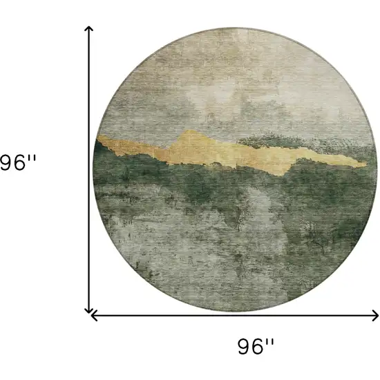 8' Fern Green Gold And Gray Round Abstract Washable Indoor Outdoor Area Rug Photo 9