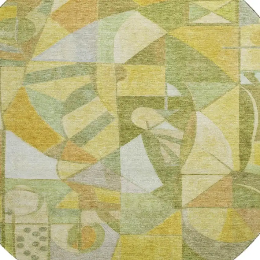 8' Fern Green Gold And Ivory Abstract Washable Round Rug With UV Protection Photo 2