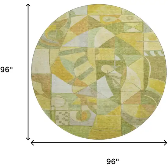 8' Fern Green Gold And Ivory Abstract Washable Round Rug With UV Protection Photo 9