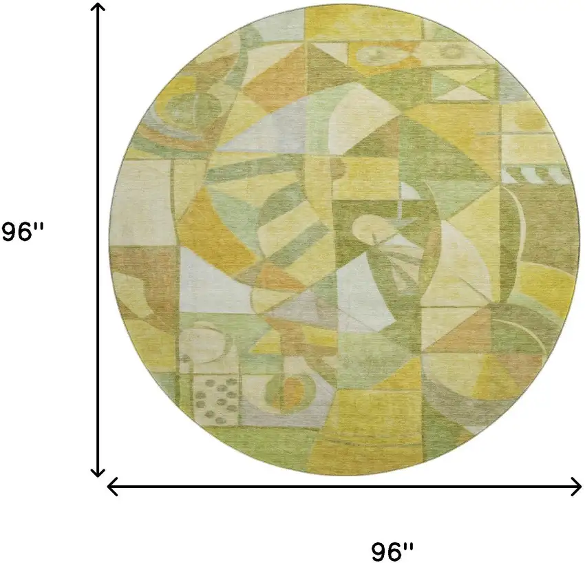 8' Fern Green Gold And Ivory Abstract Washable Round Rug With UV Protection Photo 9