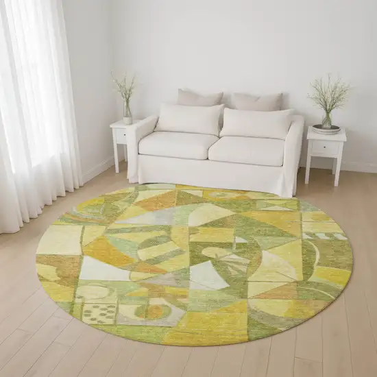 8' Fern Green Gold And Ivory Abstract Washable Round Rug With UV Protection Photo 4