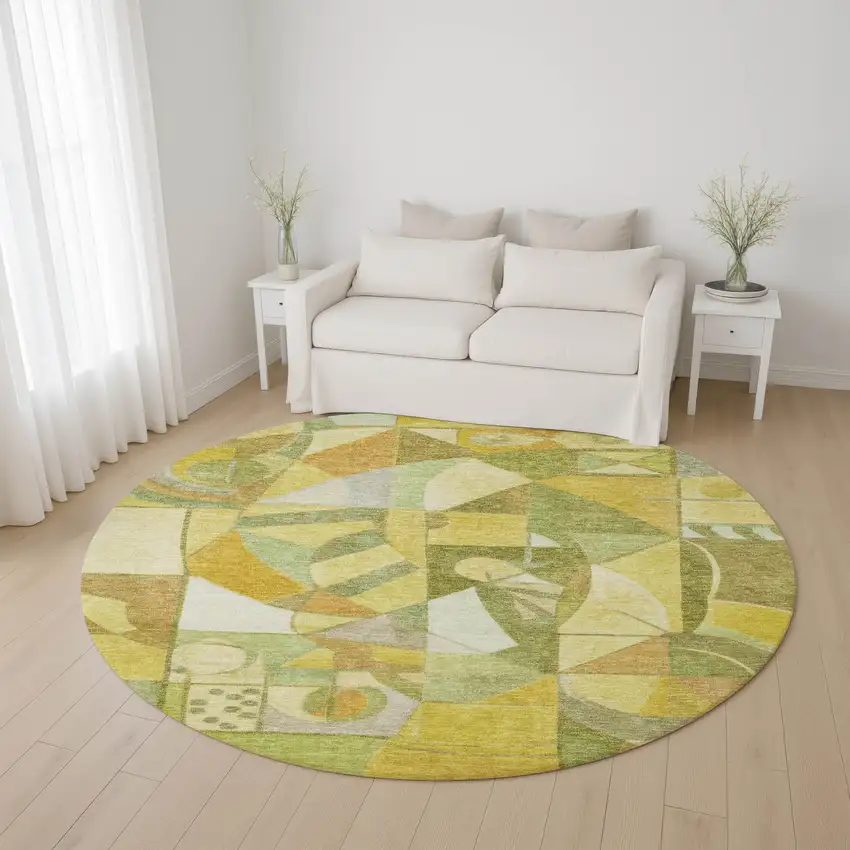 8' Fern Green Gold And Ivory Abstract Washable Round Rug With UV Protection Photo 4
