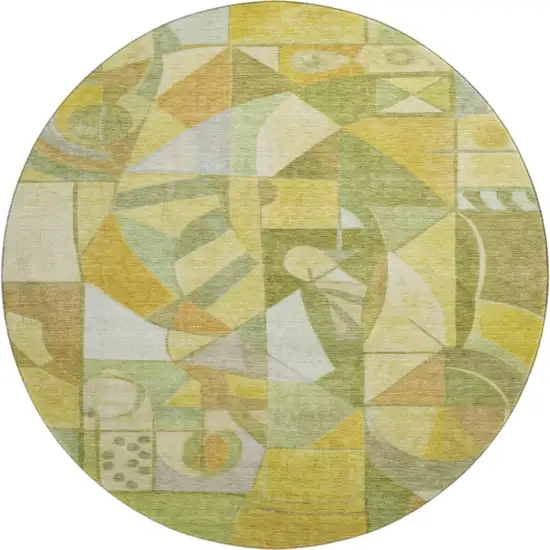 8' Fern Green Gold And Ivory Abstract Washable Round Rug With UV Protection Photo 1