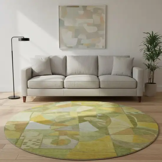 8' Fern Green Gold And Ivory Abstract Washable Round Rug With UV Protection Photo 2