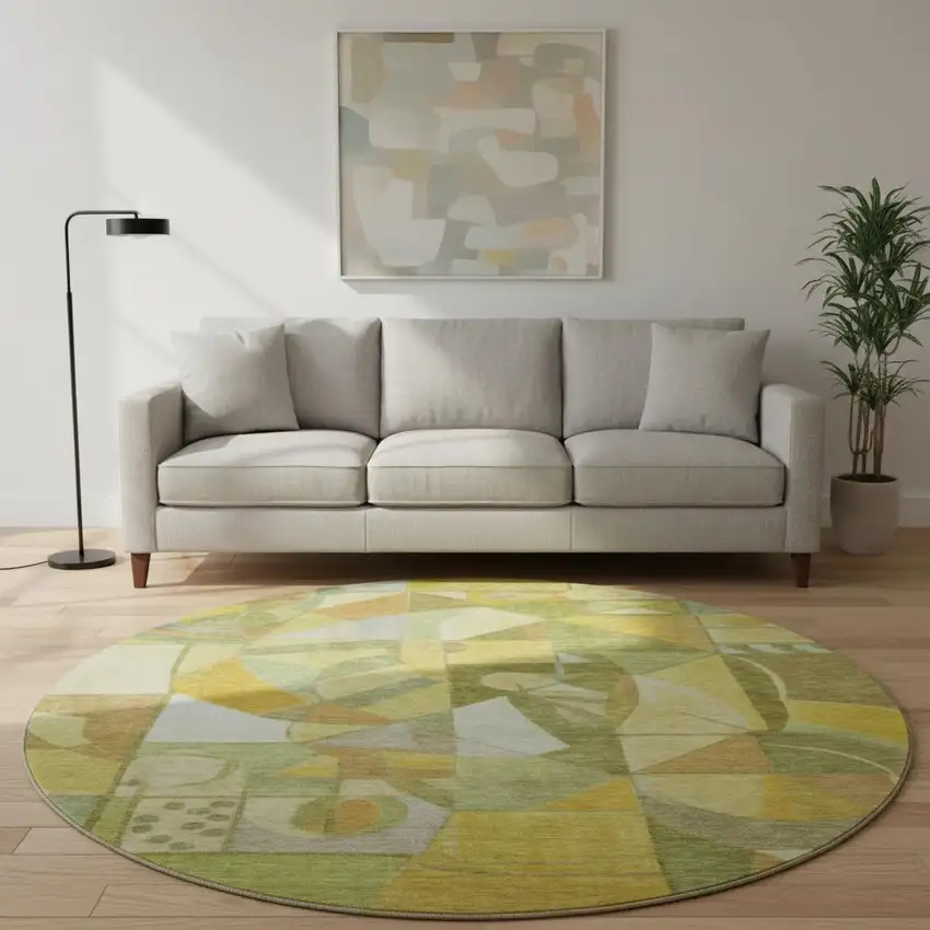 8' Fern Green Gold And Ivory Abstract Washable Round Rug With UV Protection Photo 2