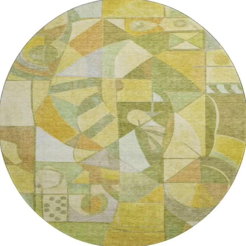 8' Fern Green Gold And Ivory Abstract Washable Round Rug With UV Protection Photo 3