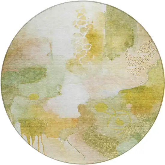 8' Fern Green Gold And Ivory Round Abstract Washable Indoor Outdoor Area Rug Photo 7