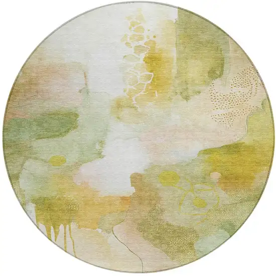 8' Fern Green Gold And Ivory Round Abstract Washable Indoor Outdoor Area Rug Photo 1