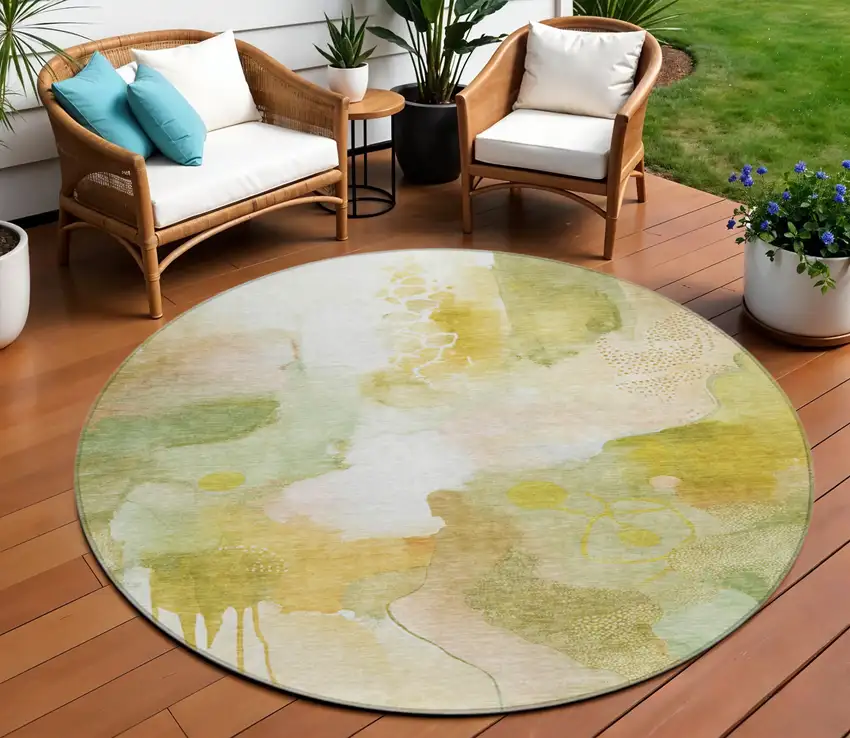 8' Fern Green Gold And Ivory Round Abstract Washable Indoor Outdoor Area Rug Photo 2