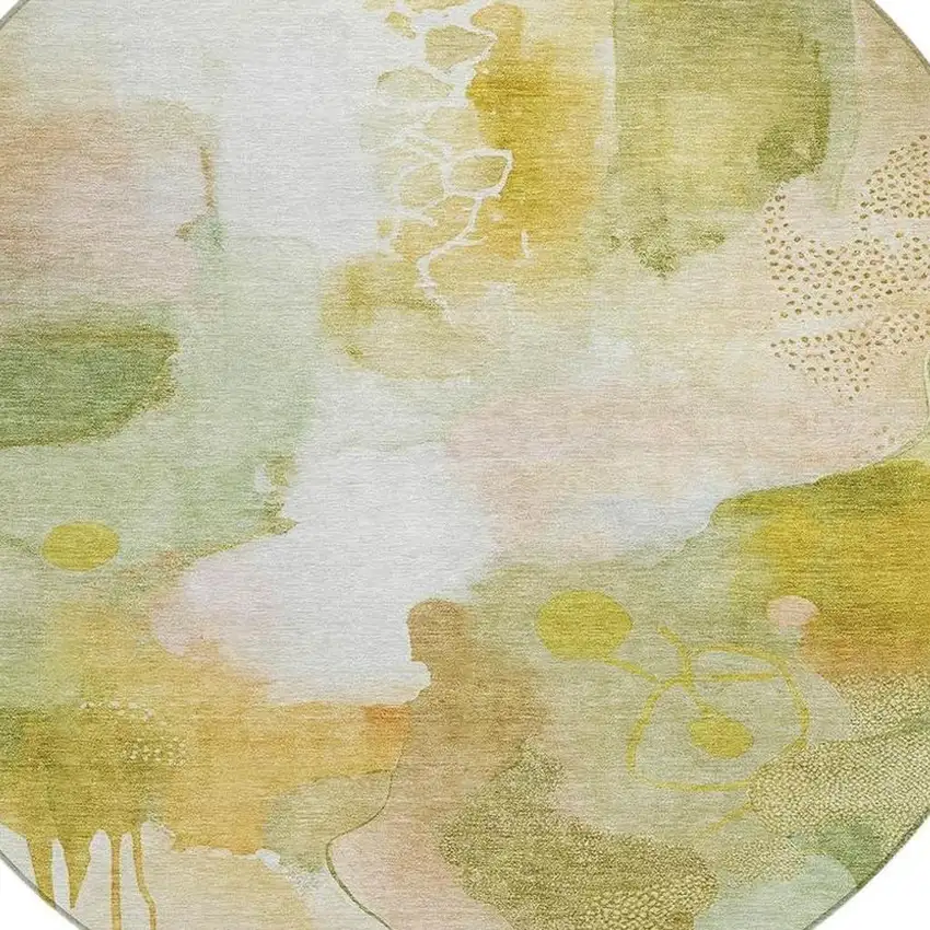 8' Fern Green Gold And Ivory Round Abstract Washable Indoor Outdoor Area Rug Photo 3