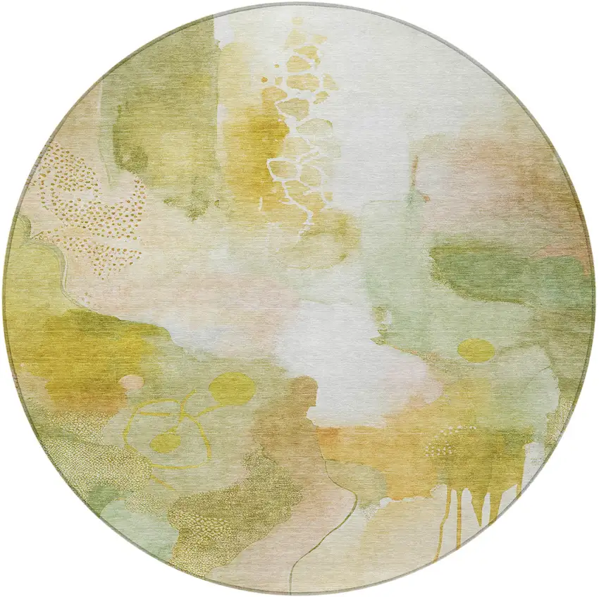 8' Fern Green Gold And Ivory Round Abstract Washable Indoor Outdoor Area Rug Photo 8