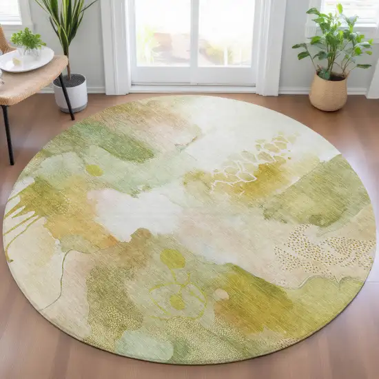 8' Fern Green Gold And Ivory Round Abstract Washable Indoor Outdoor Area Rug Photo 6