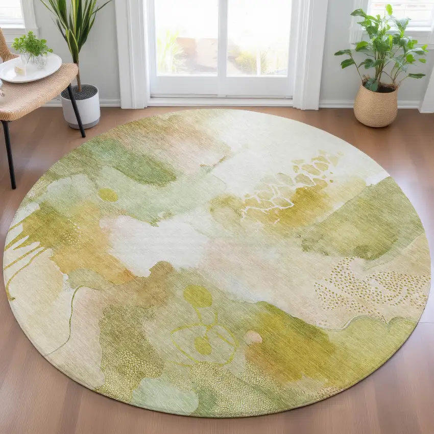 8' Fern Green Gold And Ivory Round Abstract Washable Indoor Outdoor Area Rug Photo 6