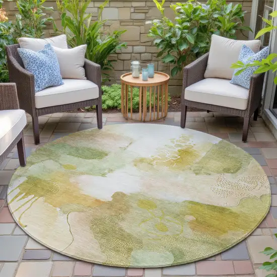 8' Fern Green Gold And Ivory Round Abstract Washable Indoor Outdoor Area Rug Photo 5