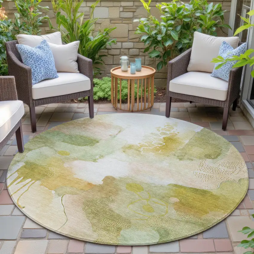 8' Fern Green Gold And Ivory Round Abstract Washable Indoor Outdoor Area Rug Photo 5