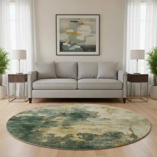 8' Fern Green Gold And Silver Abstract Washable Round Rug With UV Protection Photo 2