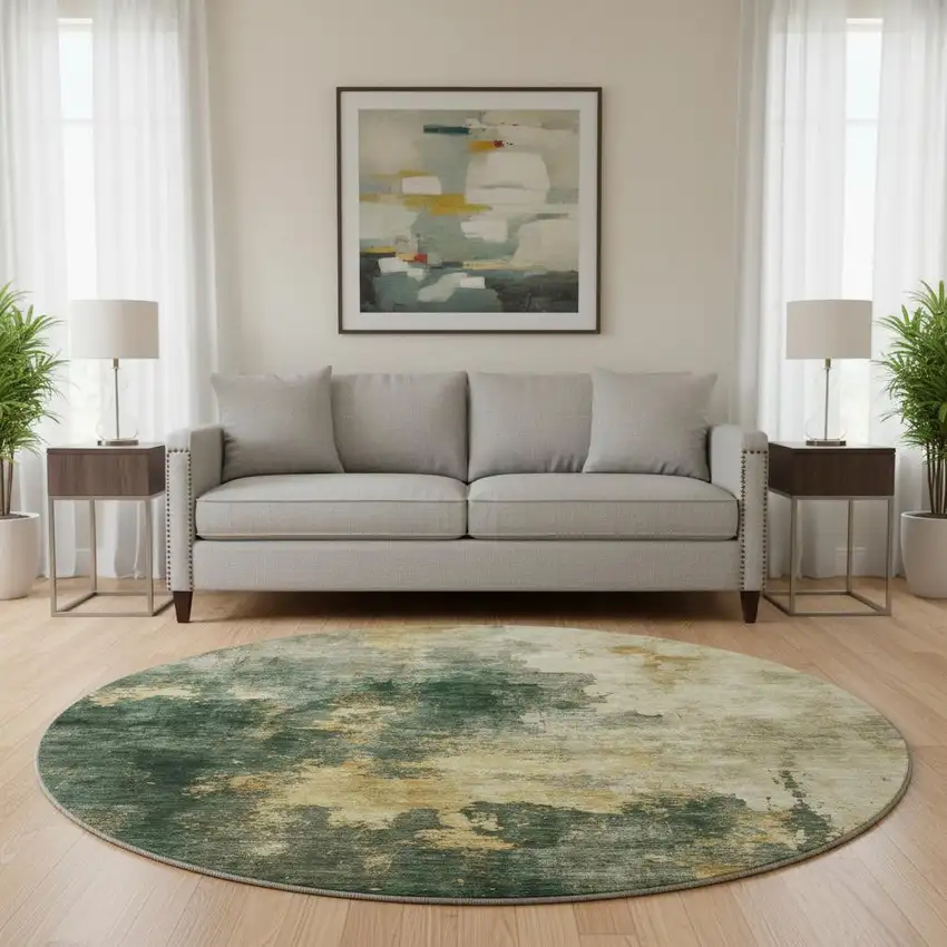 8' Fern Green Gold And Silver Abstract Washable Round Rug With UV Protection Photo 2