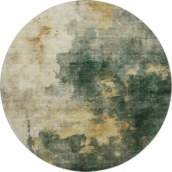 8' Fern Green Gold And Silver Abstract Washable Round Rug With UV Protection Photo 2