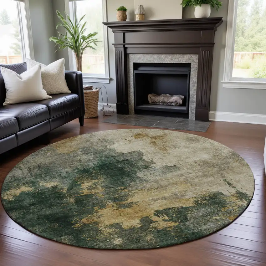 8' Fern Green Gold And Silver Abstract Washable Round Rug With UV Protection Photo 3