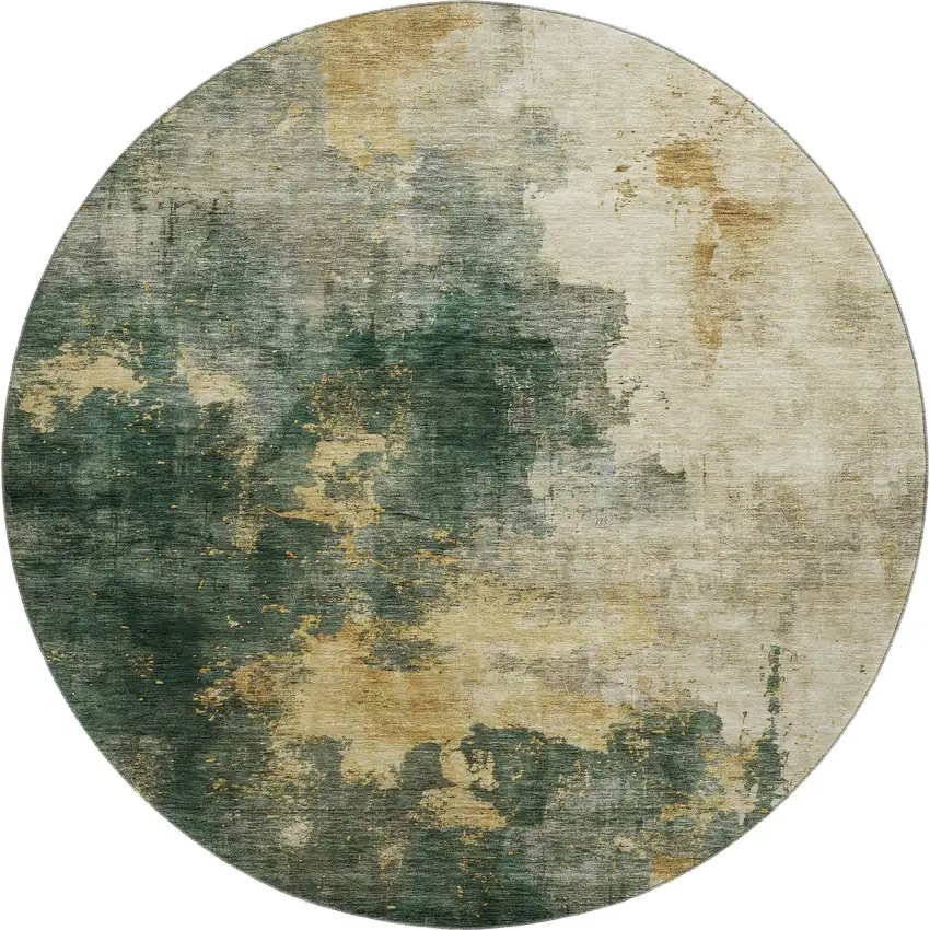 8' Fern Green Gold And Silver Abstract Washable Round Rug With UV Protection Photo 1