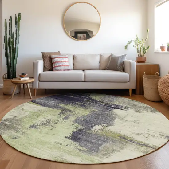 8' Fern Green Gray And Black Round Abstract Washable Indoor Outdoor Area Rug Photo 8