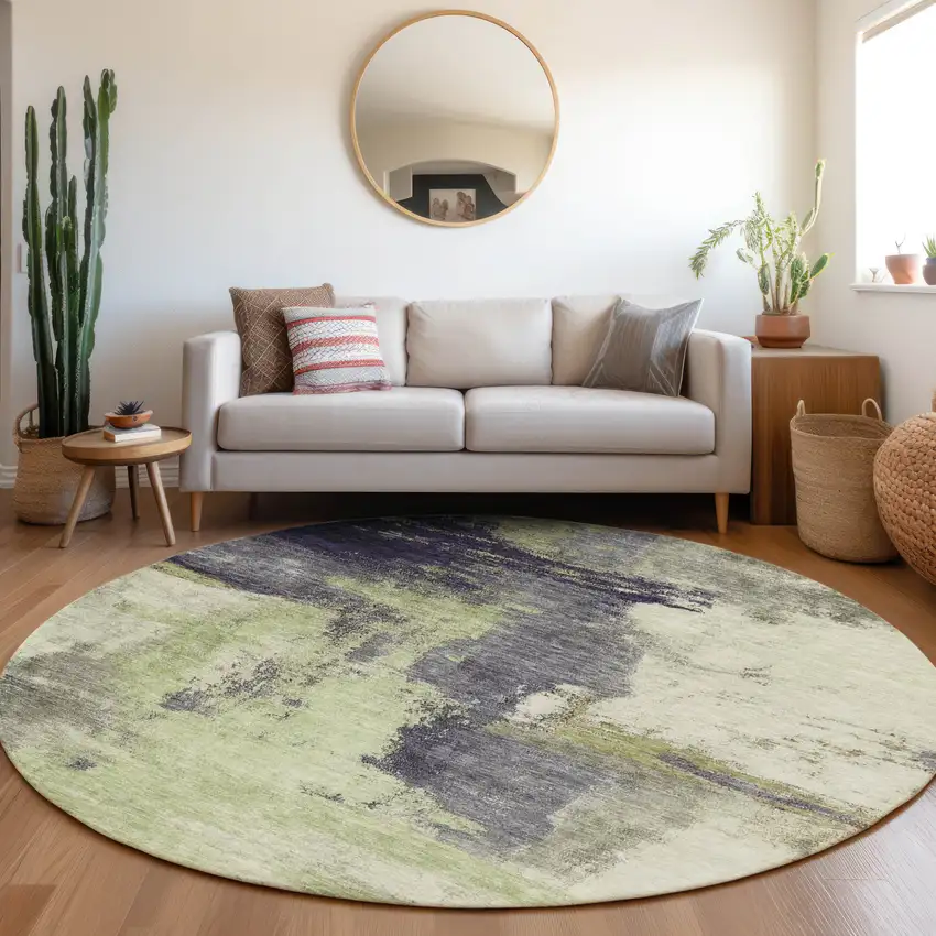 8' Fern Green Gray And Black Round Abstract Washable Indoor Outdoor Area Rug Photo 8