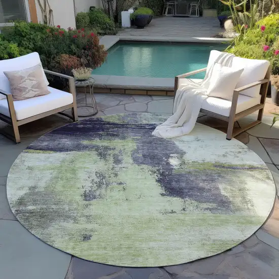 8' Fern Green Gray And Black Round Abstract Washable Indoor Outdoor Area Rug Photo 7