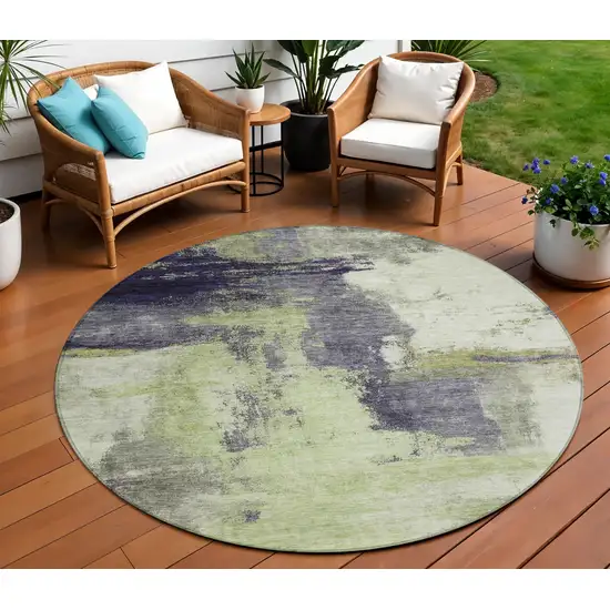 8' Fern Green Gray And Black Round Abstract Washable Indoor Outdoor Area Rug Photo 1