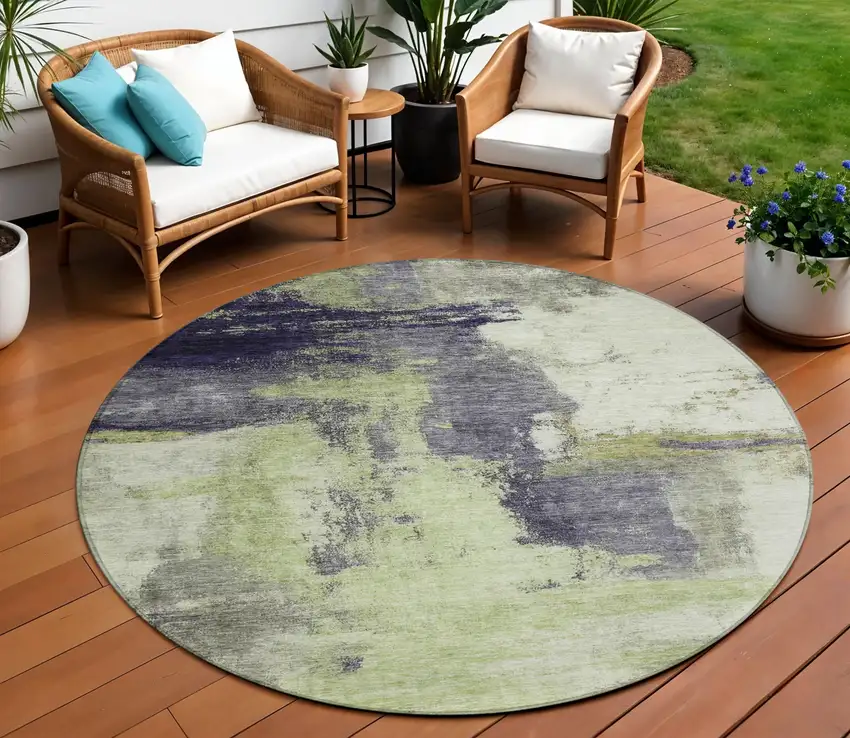 8' Fern Green Gray And Black Round Abstract Washable Indoor Outdoor Area Rug Photo 1