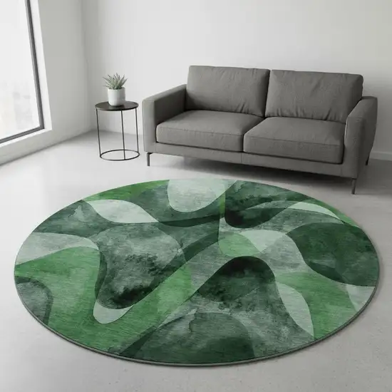 8' Fern Green Gray And Ivory Abstract Washable Round Rug With UV Protection Photo 2