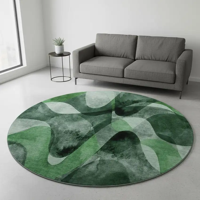 8' Fern Green Gray And Ivory Abstract Washable Round Rug With UV Protection Photo 2