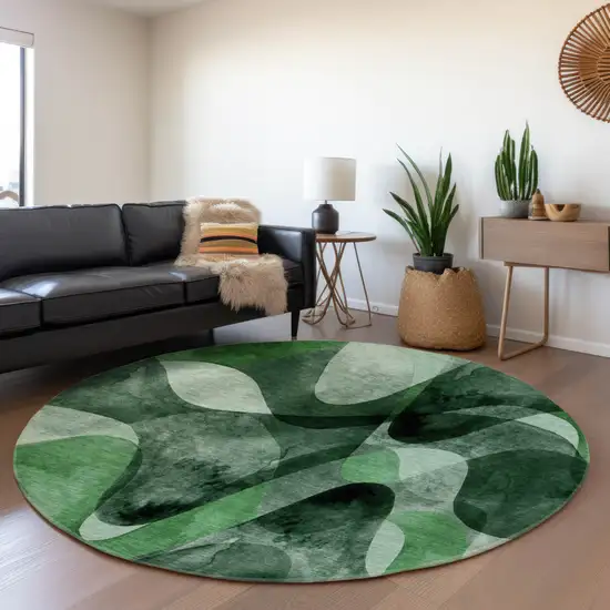 8' Fern Green Gray And Ivory Abstract Washable Round Rug With UV Protection Photo 5