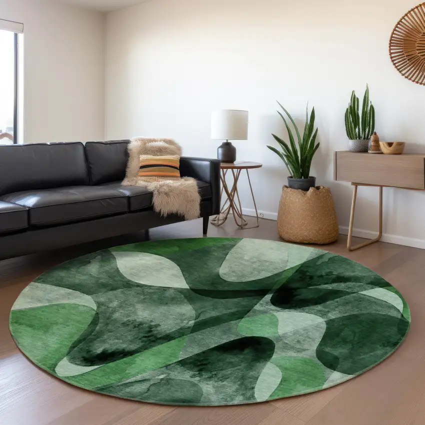 8' Fern Green Gray And Ivory Abstract Washable Round Rug With UV Protection Photo 5