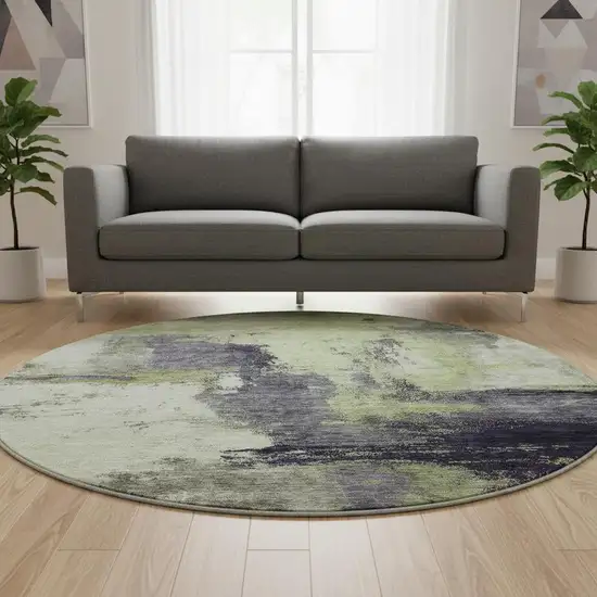 8' Fern Green Gray And Ivory Abstract Washable Round Rug With UV Protection Photo 2